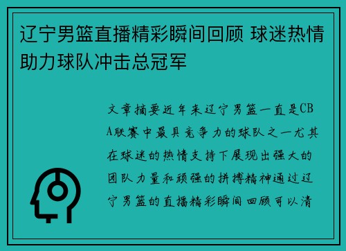 辽宁男篮直播精彩瞬间回顾 球迷热情助力球队冲击总冠军