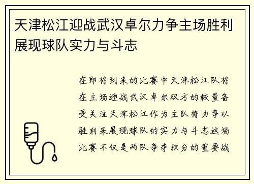 天津松江迎战武汉卓尔力争主场胜利展现球队实力与斗志